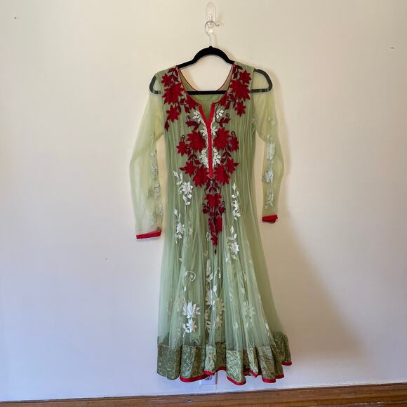 None and/or Unknown Other - Churidar M long sleeve Indian maxi dress chiffon floral embroidered green sheer